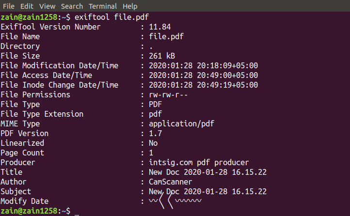 extract video file metadata using exiftool