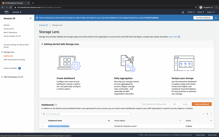 How to use S3 Storage Lens to view storage usage and activity metrics of S3 Bucket on AWS linux 