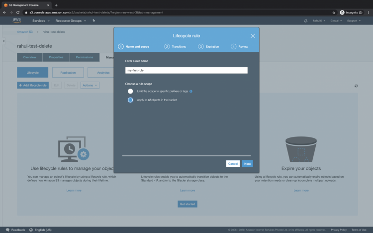 How to create a lifecycle policy for an S3 Bucket on AWS linux 