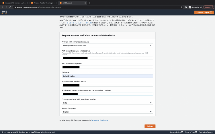How to recover AWS account access if the MFA device is lost linux 