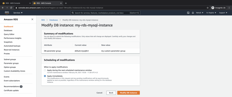 How to create and modify a Parameter Group for an RDS instance on AWS linux 