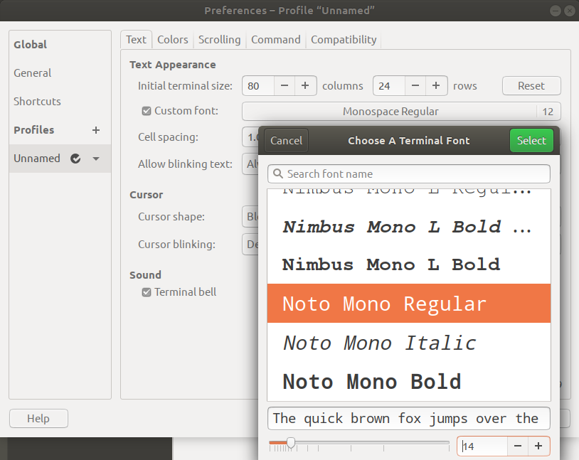 How to Change your Ubuntu Terminal’s font and font size shell ubuntu 